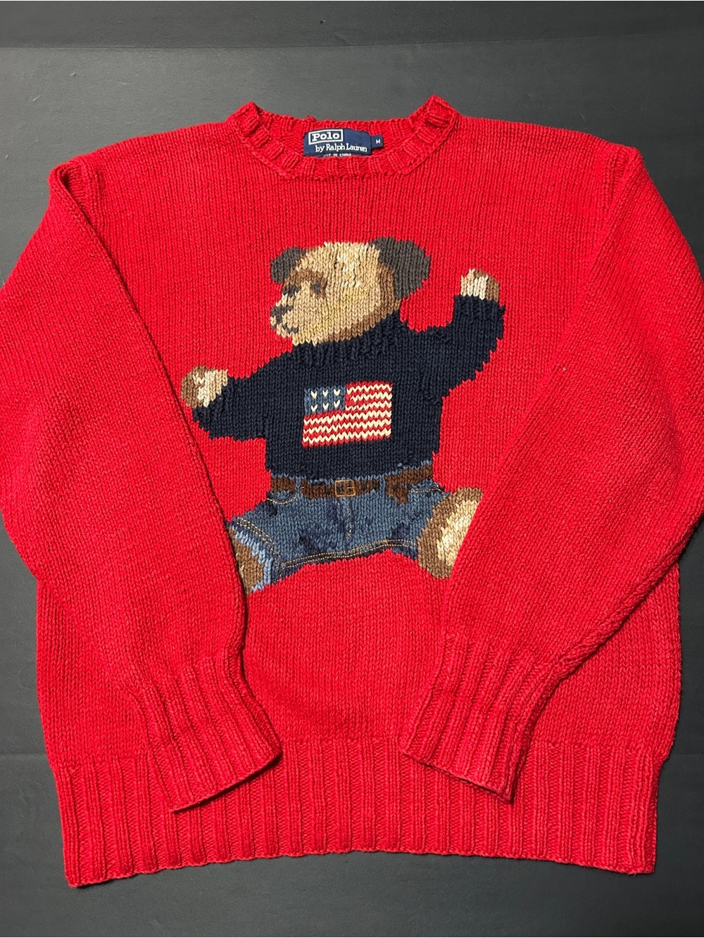 Vintage 90s Vintage Polo Ralph Lauren Red Polo Bear Flag Sweater M Sit Down Knit